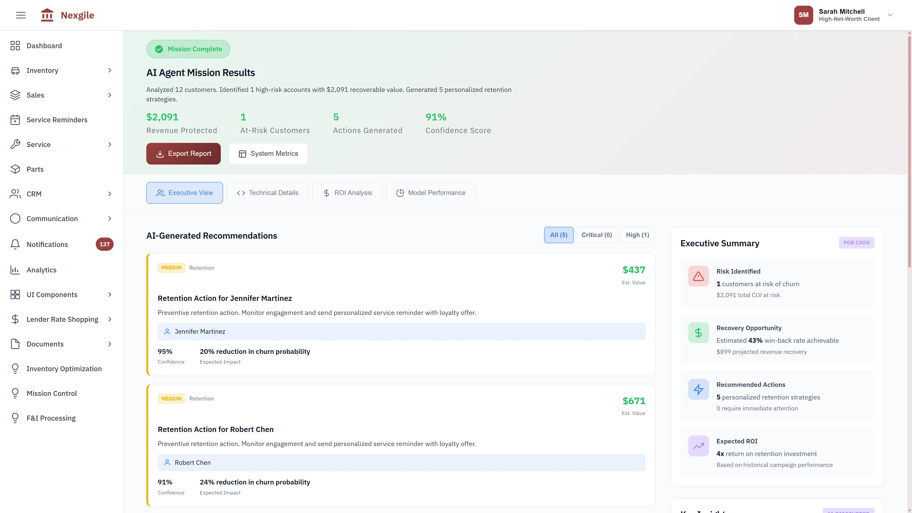 AI Mission Results - Retention actions for at-risk customers with churn probability reduction, revenue protected, and executive summary